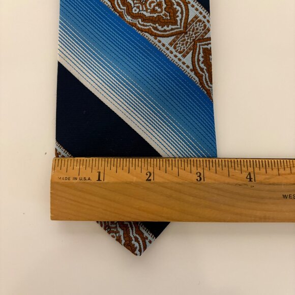 Vintage Polyester Tie Blue Rust Abstract Striped Mens Necktie Classic Office - Picture 5 of 6